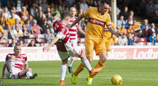 Motherwell's Ryan Bowman is brought down by Hamilton's Darren Lyon and wins a penalty