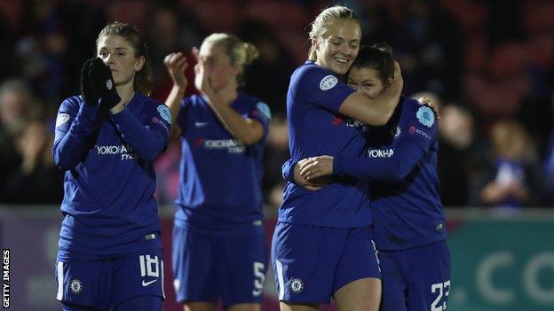 Chelsea Ladies players celebrate after the Blues reached the semi-finals of the Women's Champions League