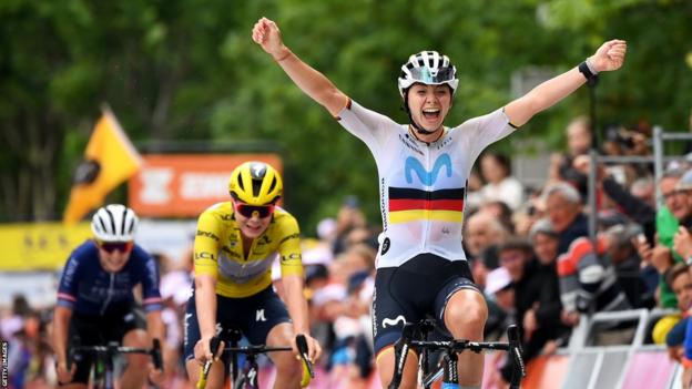 Liane Lippert celebrates taking victory on the second stage of the Tour de France Femmes