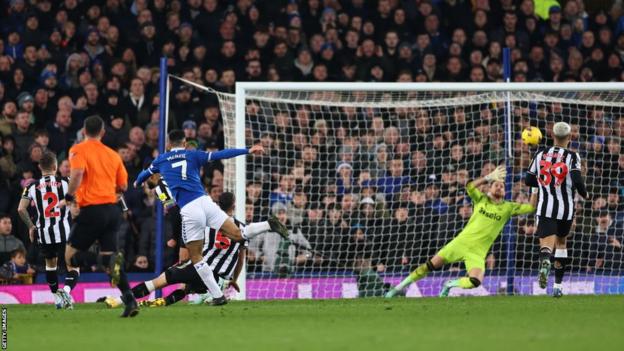 Dwight McNeil scores for Everton against Newcastle United at Goodison Park in the Toffees' Premier League victory