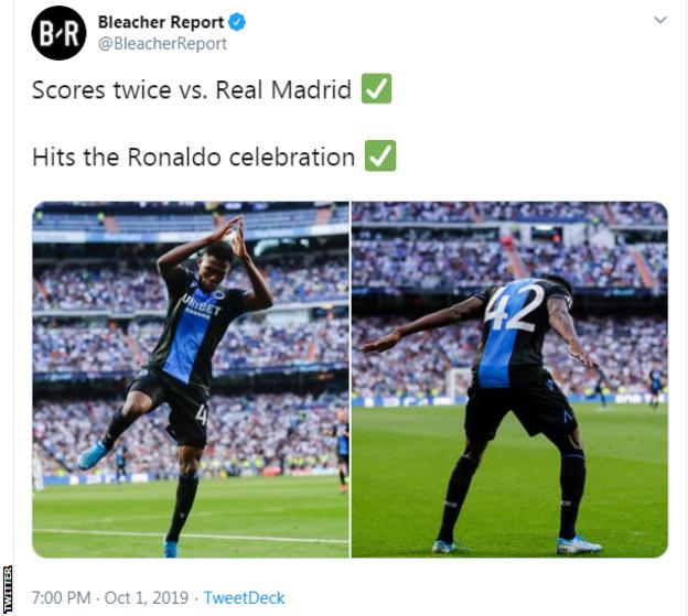 Emmanuel Dennis celebrating like Cristiano Ronaldo after scoring against Real Madrid