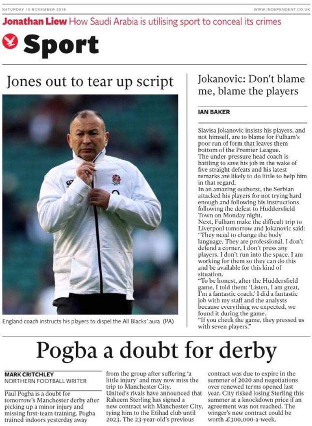 Independent back page on Saturday