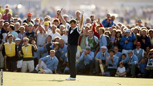 Nick Faldo celebrates winning The Open in 1990 at St Andrews