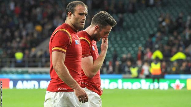 Jamie Roberts with Alex Cuthbert after World Cup elimination against South Africa