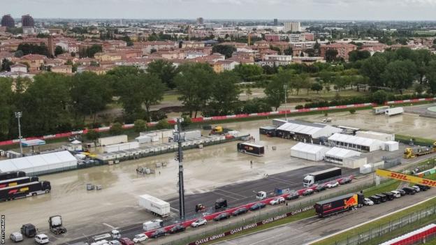 The Formula 1 paddock is flooded in Imola following heavy rain