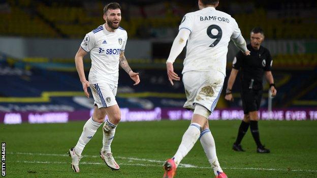 Stuart Dallas and Patrick Bamford celebrate against Southampton