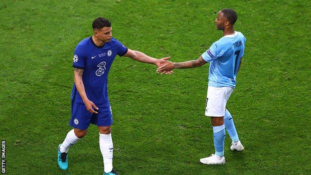 Raheem Sterling shakes hands with Thiago Silva