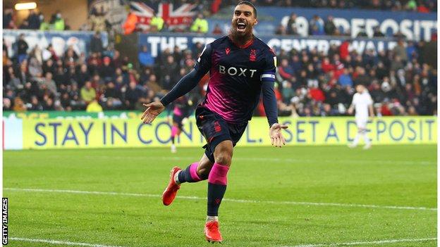 Lewis Grabban celebrates his goal for Nottingham Forest against Swansea City