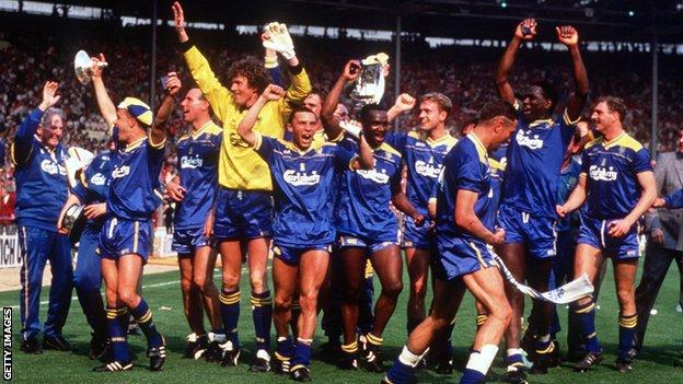 Wimbledon celebrate beating Liverpool to win the 1988 FA Cup final