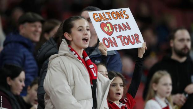 Fans of Leah Galton of Manchester United show a banner