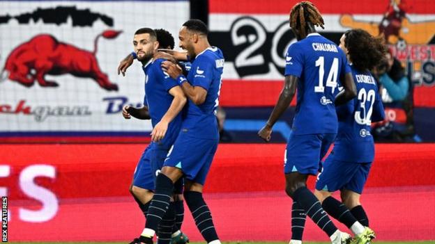 Chelsea's players celebrate scoring against Red Bull Salzburg