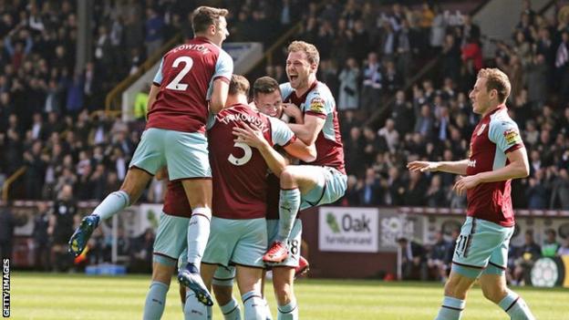 Burnley celebrate scoring against Leicester on Saturday