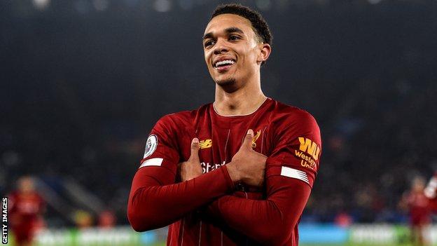 Trent Alexander-Arnold celebrates after scoring a goal against Leicester City at The King Power Stadium on December 26, 2019