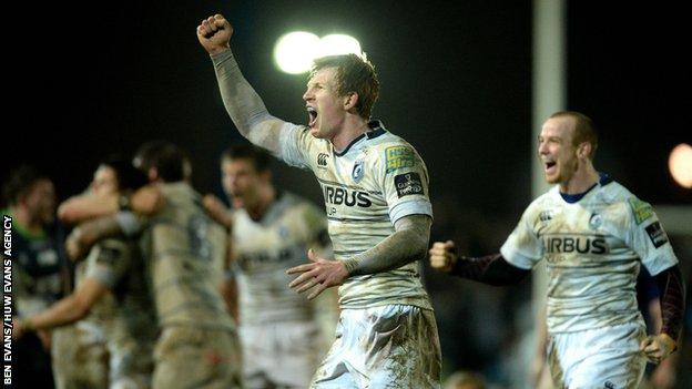 Rhys Patchell celebrates Cardiff Blues' win over the Dragons