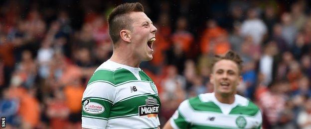 Callum McGregor celebrates scoring for Celtic against Dundee United