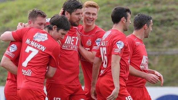 Portadown celebrate a goal in their 3-2 home win over Ballymena United in the Irish Premiership