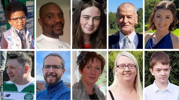 Top row left to right: Shauna Flanagan Garwe and her father Robert Garwe, Leona Harper, Hugh Kelly, Jessica Gallagher. Bottom row left to right: Martin McGill, James O'Flaherty, Martina Martin, Catherine O'Donnell and son James Monaghan