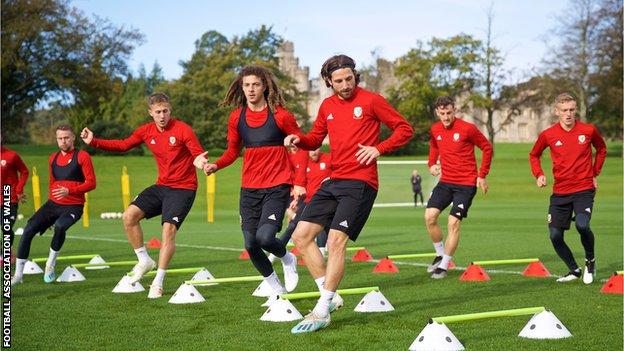 Wales players training at the Vale Resort