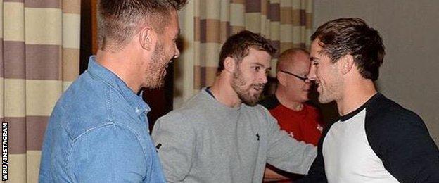 Leigh Halfpenny and Rhys Webb give match shirts to Matthew Morgan