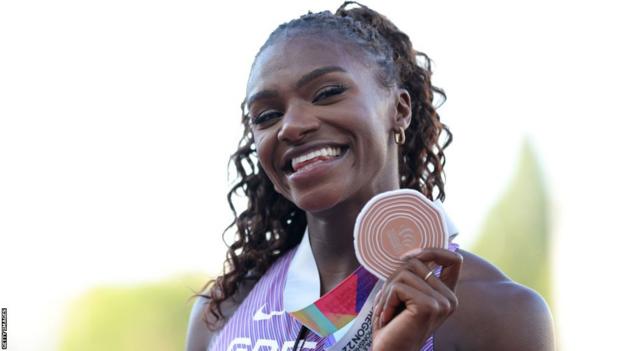 Dina Asher-Smith with her World Championships bronze medal in Eugene in 2022