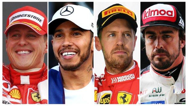Michael Schumacher, Lewis Hamilton, Sebastian Vettel, Fernando Alonso