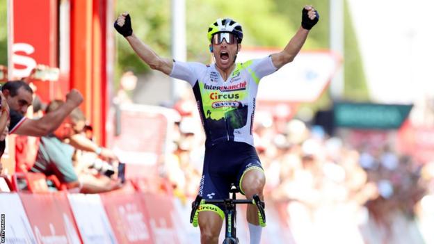 Team Intermarche Wanty's Portuguese rider Rui Costa celebrates winning the stage 15 of the 2023 La Vuelta