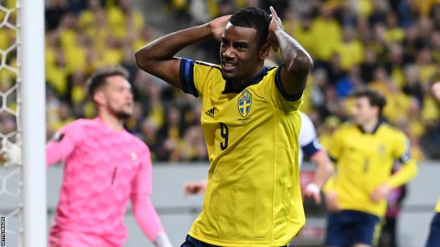 Alexander Isak reacts after a miss while playing for Sweden against the Czech Republic