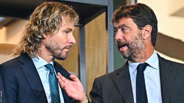 Former Juventus vice-president Pavel Nedved (left) and president Andrea Agnelli (right)