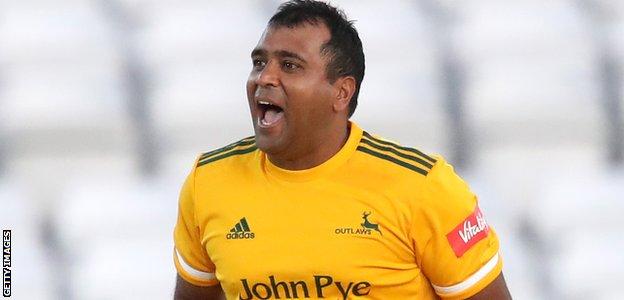 Samit Patel celebrates a wicket for Notts Outlaws