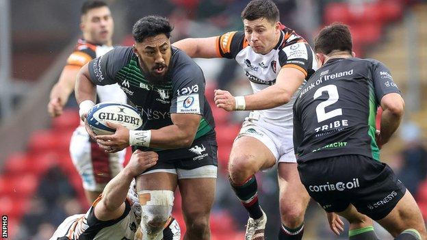 Bundee Aki charges through for Connacht in last's month's defeat by the Tigers at Welford Road