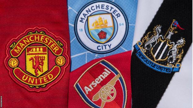 Badges of Manchester City, Arsenal, Manchester United and Newcastle United