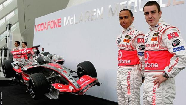 Lewis Hamilton and Fernando Alonso with the McLaren Formula 1 car before the 2007 season