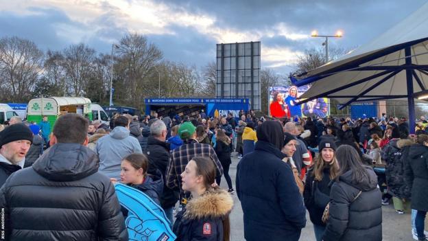 Fans of Everton and Liverpool at a fan park ahead of the Women's Super League game between the two sides at Goodison Park