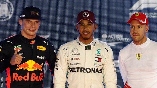 Max Verstappen (left), Lewis Hamilton (centre) and Sebastian Vettel