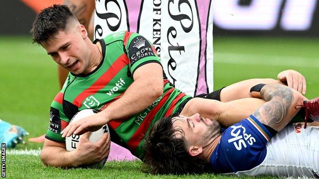 Lachlan Ilias scores a try for South Sydney Rabbitohs