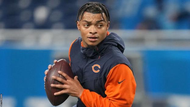 Justin Fields warming up   earlier  a Chicago Bears game