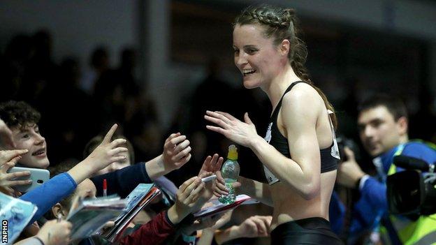 Ciara Mageean is besieged by autograph hunters after her indoor win in Athlone earlier this year