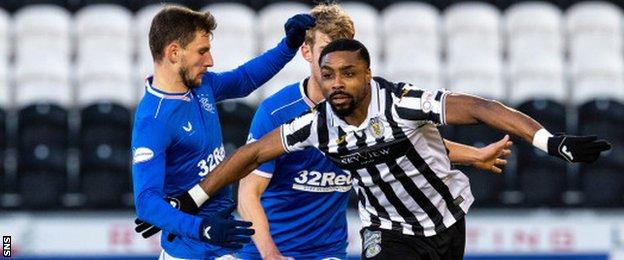 St Mirren's Jonathan Obika (right) in action against Rangers