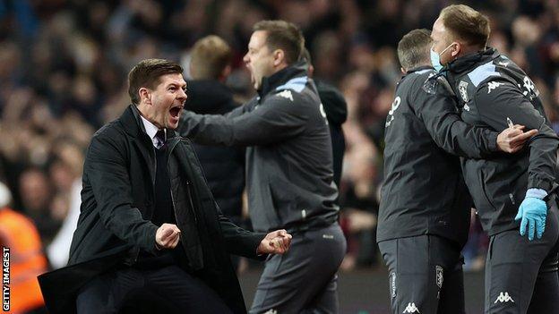 Aston Villa boss Steven Gerrard reacts in his side's Premier League game against Brighton