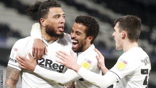 Colin Kazim-Richards (left) celebrates after scoring for Derby