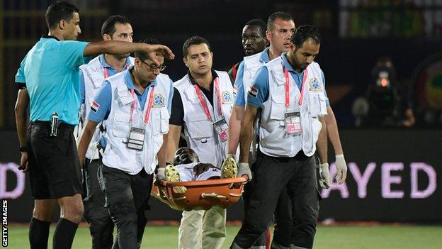 A player being stretchered off during the 2019 Africa Cup of Nations finals in Egypt