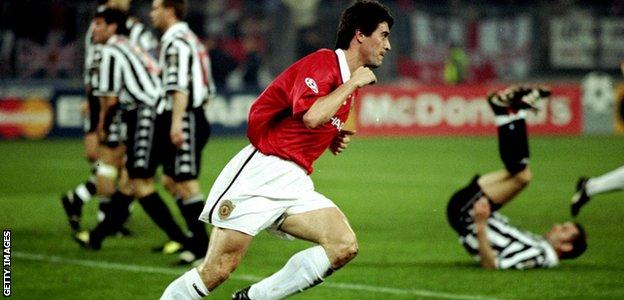 Roy Keane celebrates scoring at Juventus in the 1998/99 Champions League semi-final