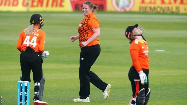 The Blaze's Tammy Beaumont ponders her aboriginal  dismissal against Southern Vipers bowler Anya Shrubsole