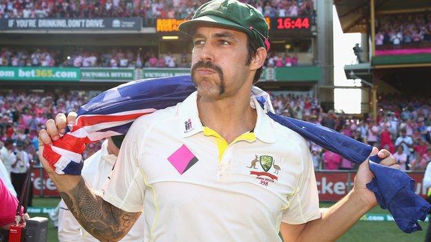 Mitchell Johnson of Australia celebrates victory during day three of the Fifth Ashes Test match between Australia and England at Sydney Cricket Ground on January 5, 2014