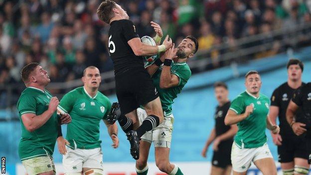 Beauden Barrett and Conor Murray contest a high ball during the 2019 World Cup