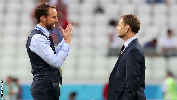 England manager Gareth Southgate and then-FA technical director Dan Ashworth, at the World Cup in Russia, in 2018