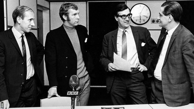 England footballers Bobby Charlton, Bobby Moore with presenter Gerald Sinstadt and producer Alex Turnbull in 1968