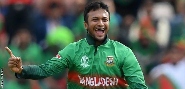 Bangladesh all-rounder Shakib Al Hasan celebrates taking a wicket against Afghanistan