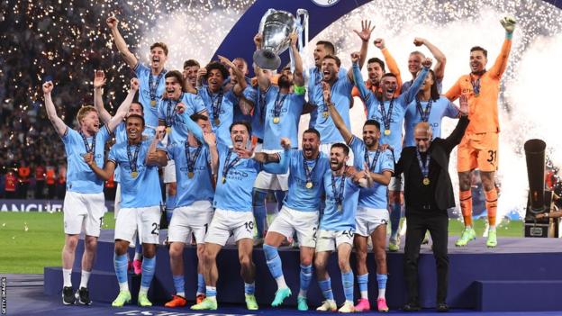 Manchester City's squad celebrate winning the Champions League in Istanbul