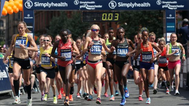 Runners at the start of the Simplyhealth Great Manchester Elite Women"s 10k run through Manchester. PRESS ASSOCIATION Photo. Picture date: Sunday May 20, 2018. See PA story ATHLETICS Manchester. Photo credit should read: Martin Rickett/PA Wire